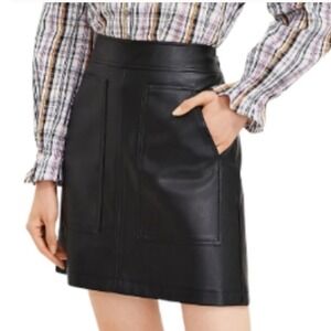 LOFT Black Vegan Leather Mini Skirt Front Pockets Sz 14 Preppy Academia‎ Edgy